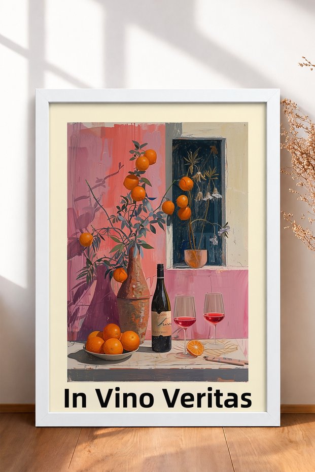 In Vino Veritas Wine and Orange Table Framed Poster, Italy Poster, Wall Decor, Itp175.
