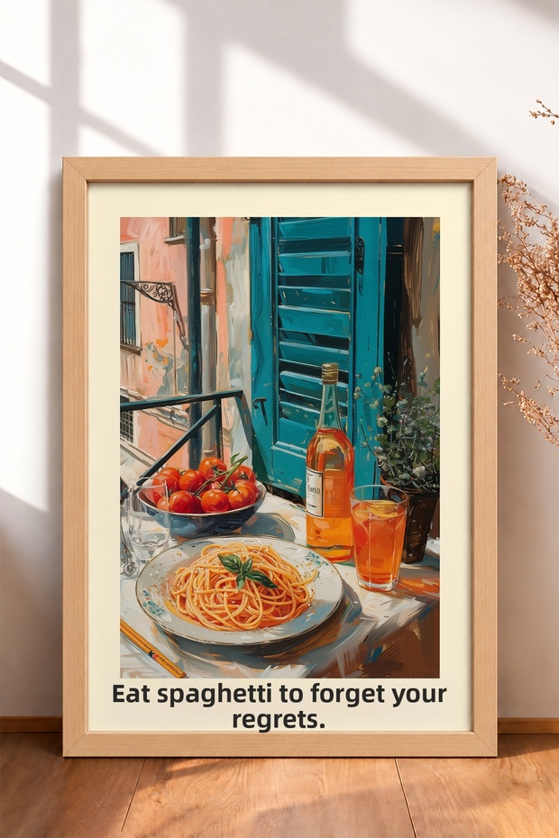Eat Spaghetti – Spaghetti-Themed Table Setting – Framed Poster – Italy Poster – Wall Decor – Itp171