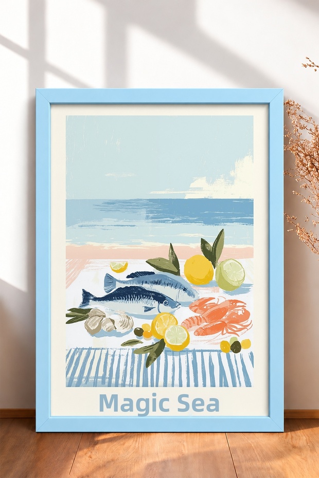 Mare Magico – Seafood Table with Inscription – Framed Painting – Italy Poster – Wall Decor – Itn023