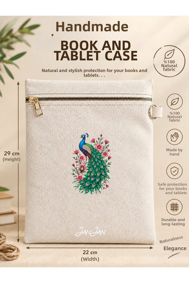 Handmade Book and Tablet Case, Natural Fabric, Zippered, 22X29Cm, Handcrafted in Amasya. Book Protector Bag, Book Sleeve, a Gift for Book Lovers