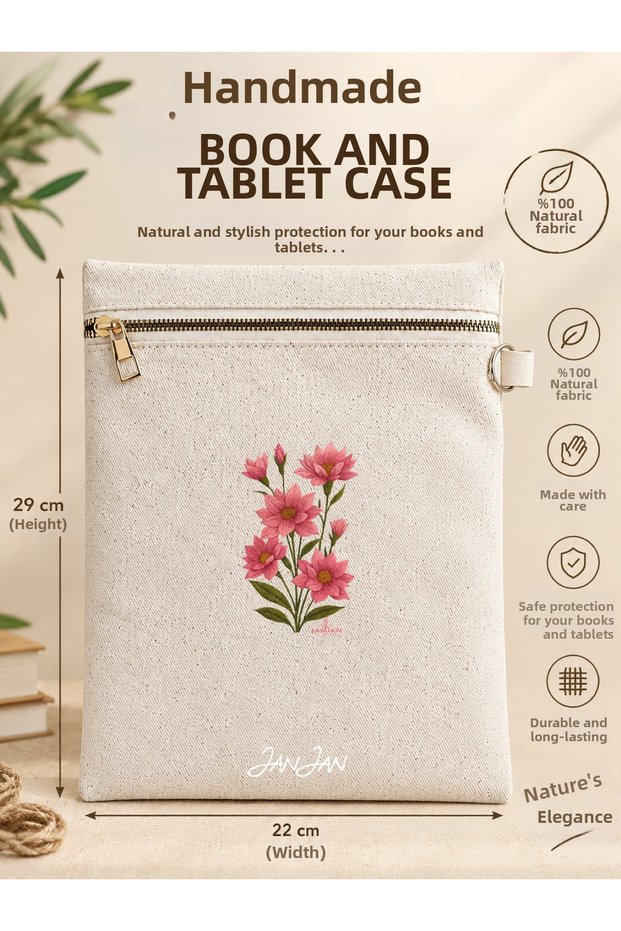 Handmade Book and Tablet Case, Natural Fabric, Zippered, 22X29Cm, Handcrafted in Amasya. Book Protector Bag, Book Sleeve, a Gift for Book Lovers