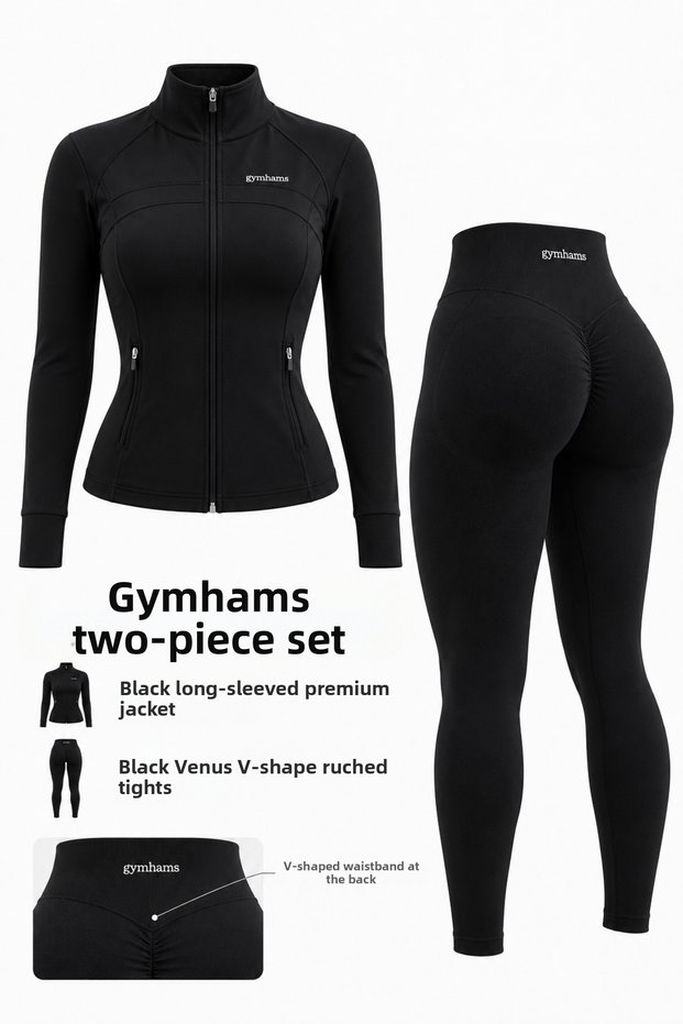 Women's 2-Piece Sports Set (Gymhams Venus V-Shape Ruched Leggings and Long-Sleeve Premium Jacket)