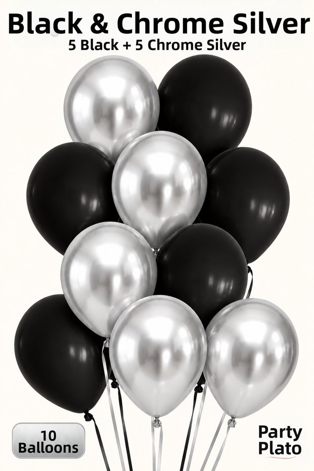 Black and Chrome Silver Balloon Set of 10 for Birthday Party Decorations