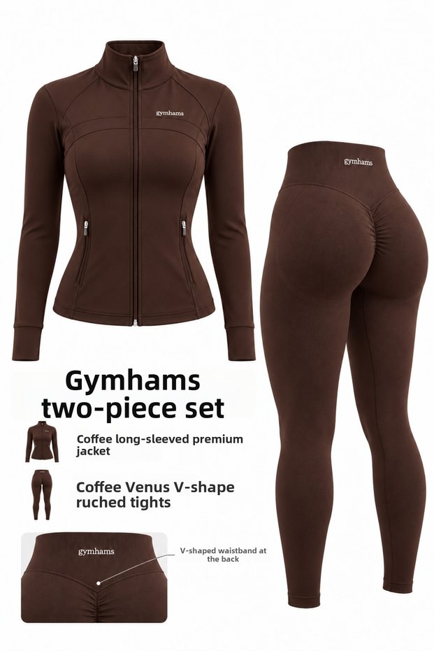 Women's 2-Piece Sports Set (Gymhams Venus V-Shape Ruched Leggings and Long-Sleeve Premium Jacket)