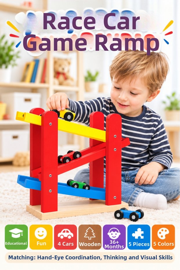 22 CM Wooden Race Car Play Ramp with 4 Cars—5-Piece Educational and Fun Wooden Play Set