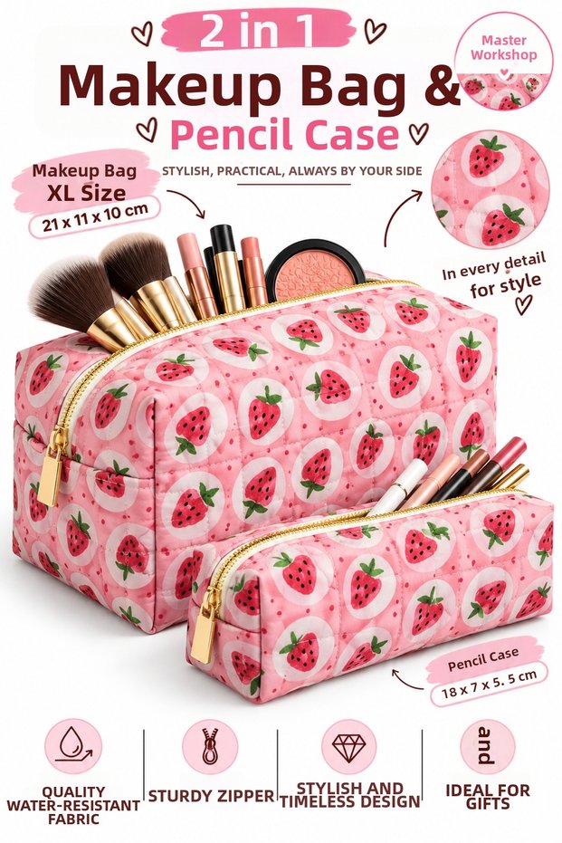 Quilted Waterproof Fabric 2-Piece Makeup & Pencil Case Set—Multipurpose for Everyday Use (23x12 cm)