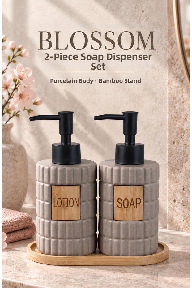 Blossom 2-Piece Stone-Colored Porcelain Liquid Soap Dispenser Set with Bamboo Tray, 350 ml