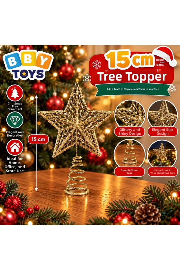 15 cm Christmas Tree Top Ornament – Spiral-Spring Fir Tree Top Ornament with a Glittery Star Figure