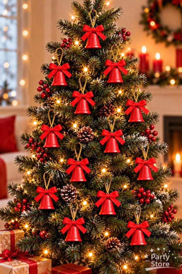 Christmas Tree Ornaments: Set of 12 Red Bells with Ribbon with Bow Detail and Gold String—Christmas Tree Decorations for New Year's Decor