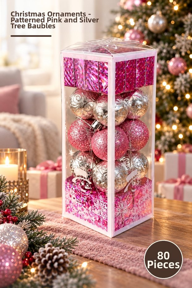 80 Christmas Tree Ornaments – Patterned Pink and Silver Christmas Ornaments, Christmas Ornaments, Tree Baubles