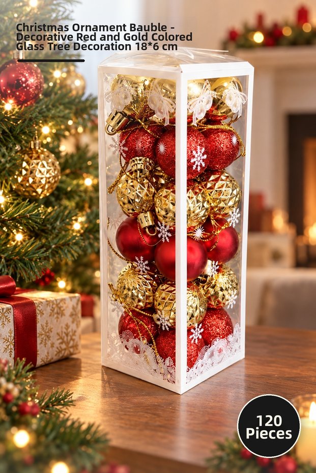 120 New Year's Baubles – Decorative Red and Gold Christmas Tree Hanging Ornaments, shatterproof, 18 x 6 cm