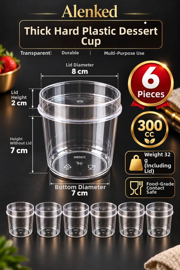 Plastic Dessert Container, 300 CC, with Lid, Thick, Hard, Transparent, Magnolia Bowl, Set of 6