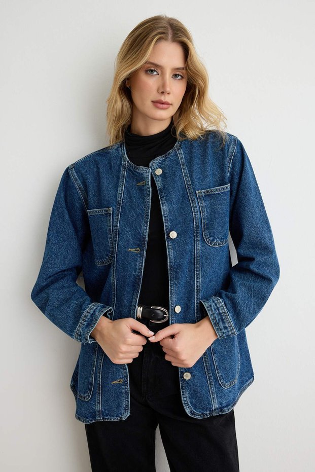 Koyu Mavi Bisiklet Yaka Oversize Denim Ceket TWOAW27CE00031