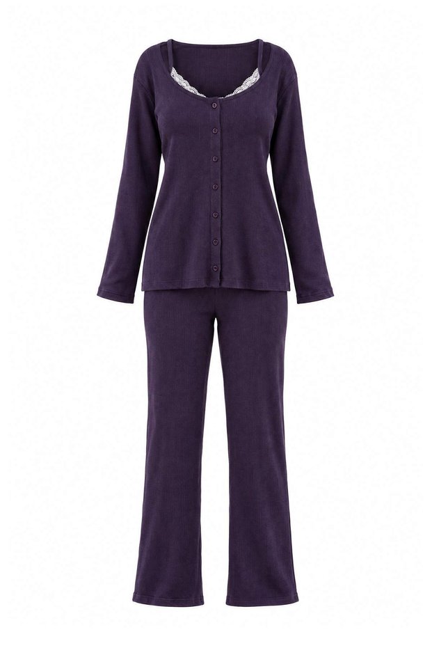 Purple 100% Cotton Floral Lace Detailed Pointel Knitted Pajamas Set Thmss26Pt00042