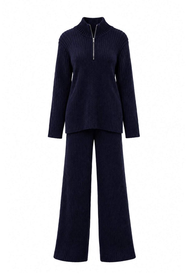 More Sustainable Navy Blue Soft Textured Ribbed High Neck Knitwear Bottom - Top Set Twoaw27Au00090