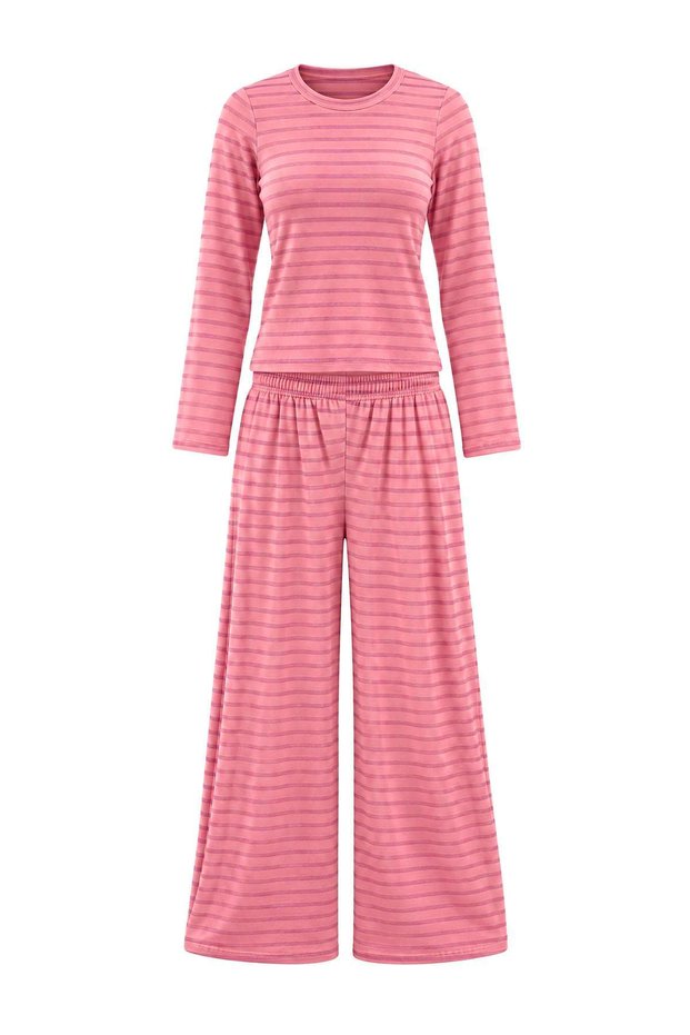 Pink Striped Single Jersey Knitted Pajama Set Thmaw27Pt00287