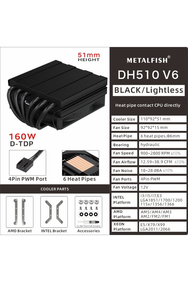 NO RGB Other DH510-Black METALFISH DH510 Low Profile 6 Heat pipe CPU Cooler 51mm Height TDP160W Radi