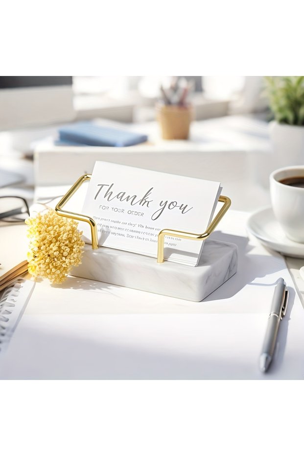 Gold Elegant marble card holder with gold metal frame - Luxury desktop card holder, perfect for meet