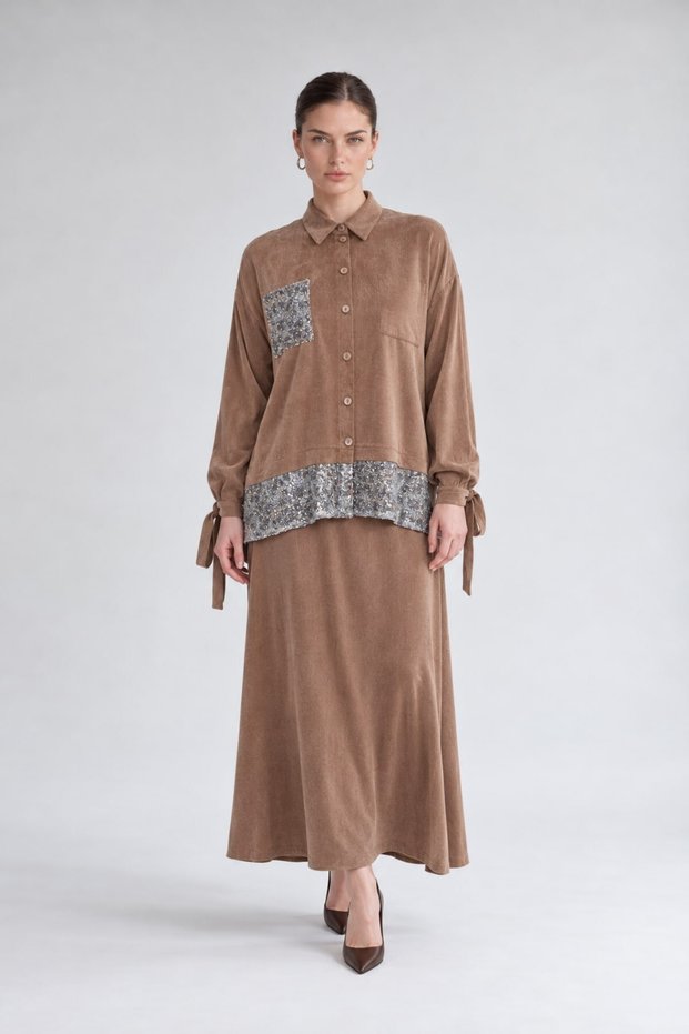 Sequin Detailed Cupra Double Set Camel