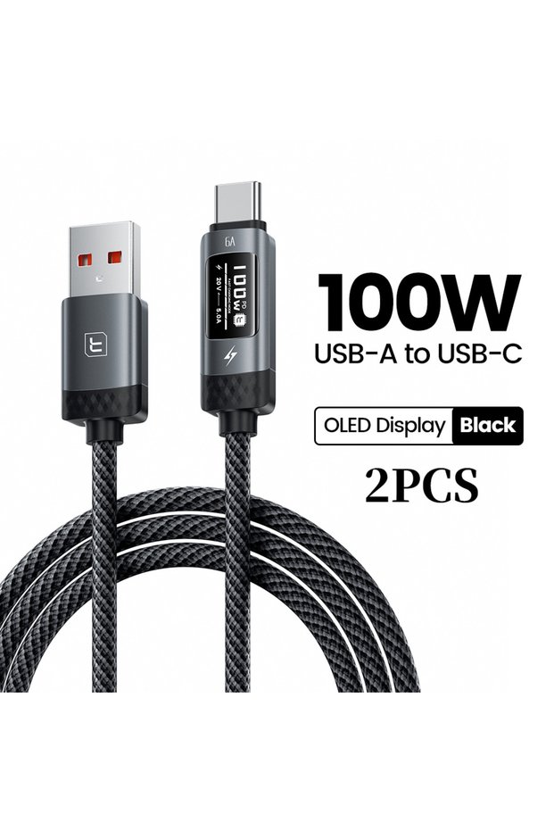 1m 2PCS Black 100W USB A Cbale Fast Charging OLED Digital Display 6A USB To Type C Dat
