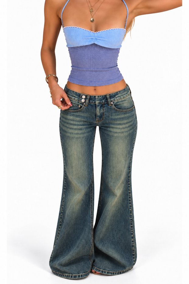 Y2K Low Flare Side Belted Blue Washed Jean Double Button Pants 100% Cotton