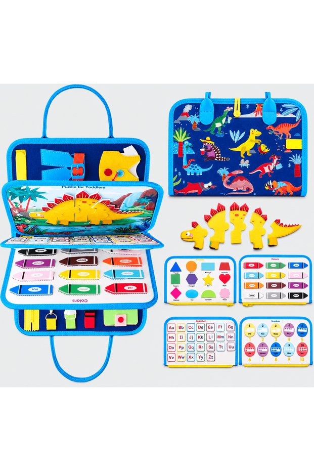 Montessori Felt Busy Board -Blue Dinosaur 8-Page Activity Bag