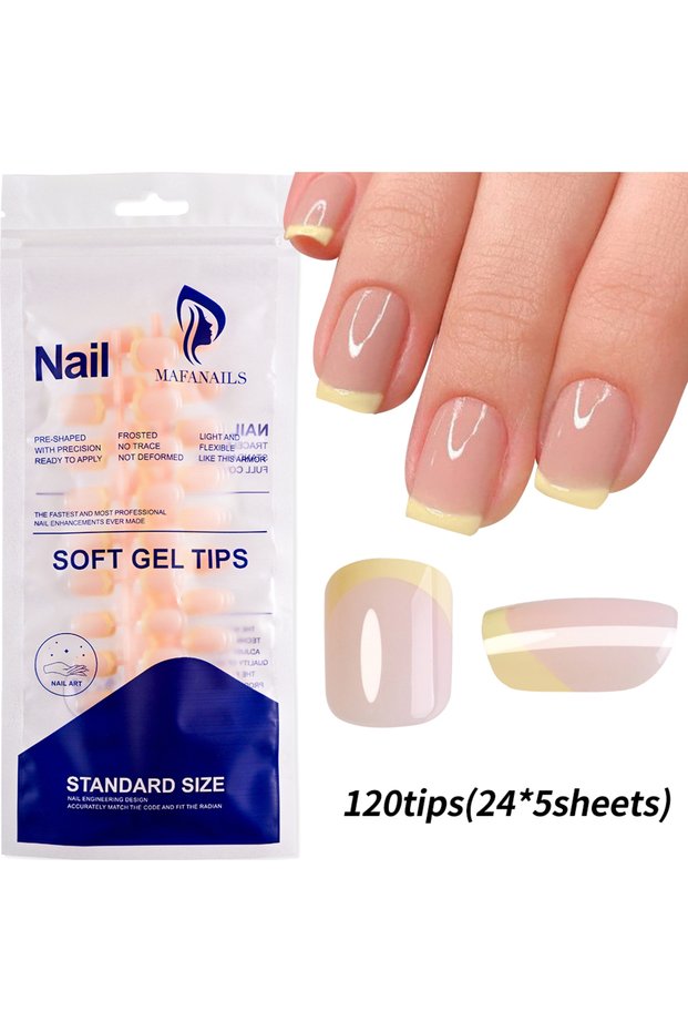 Yellow-120pcs 120/240Pcs French Short Square False Nails 12-Sizes Full Cover Press On Nail Glossy Fr