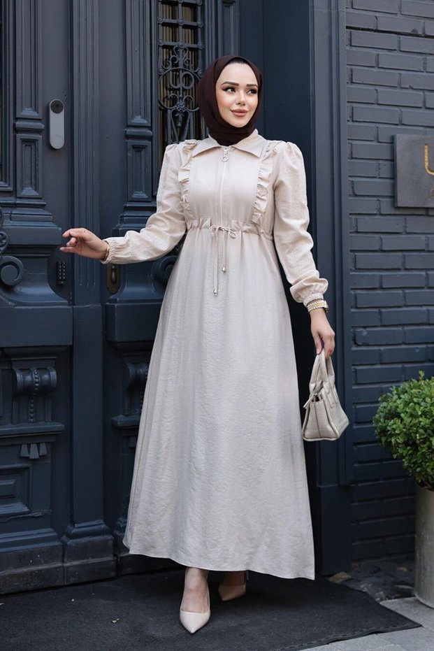 Zippered Beige Hijab Dress 17021Bej