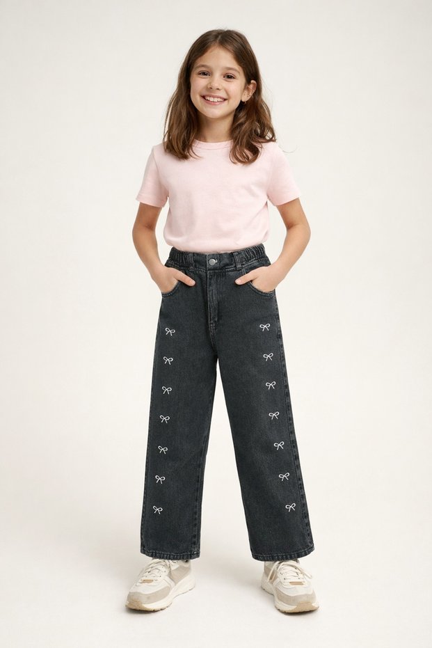 Elasticated Waist Girls' Trousers with Bow Embroidery