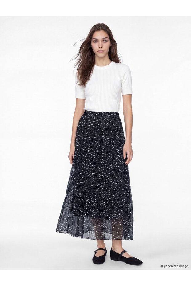 Sparkling Choices by Shining Store Polka Dot Chiffon Pleated Skirt with Waist Drawstring