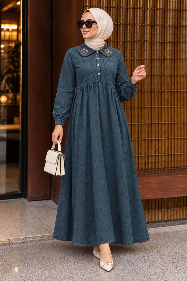 Buttoned Denim Dark Blue Hijab Dress 19138Km