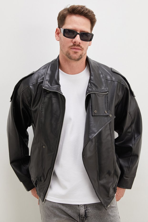 Zippered Stand Collar Faux Leather Coat