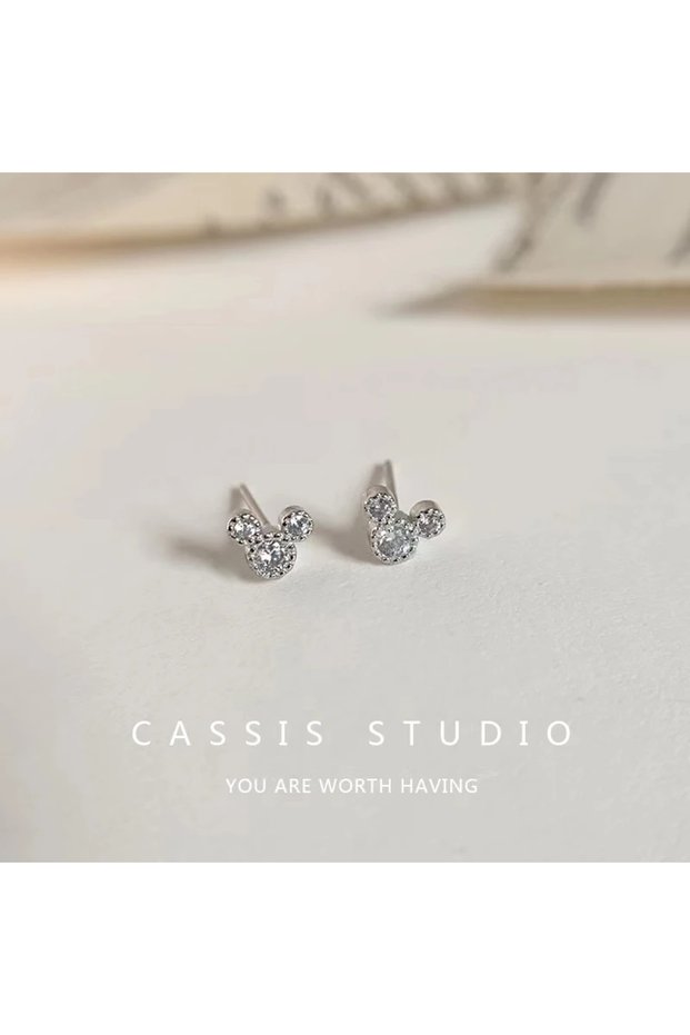 1XY22-silver New Fashion Cute Mini Mouse Ear Stud Earrings For Women Female Zircon Girls Piercing Je