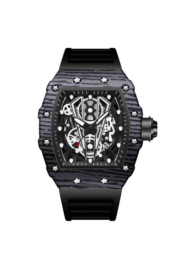 black BINBOND Brand Men Watch Domineering Barrel Watch Curved Mirror Hollow Surface Sports Men Watch
