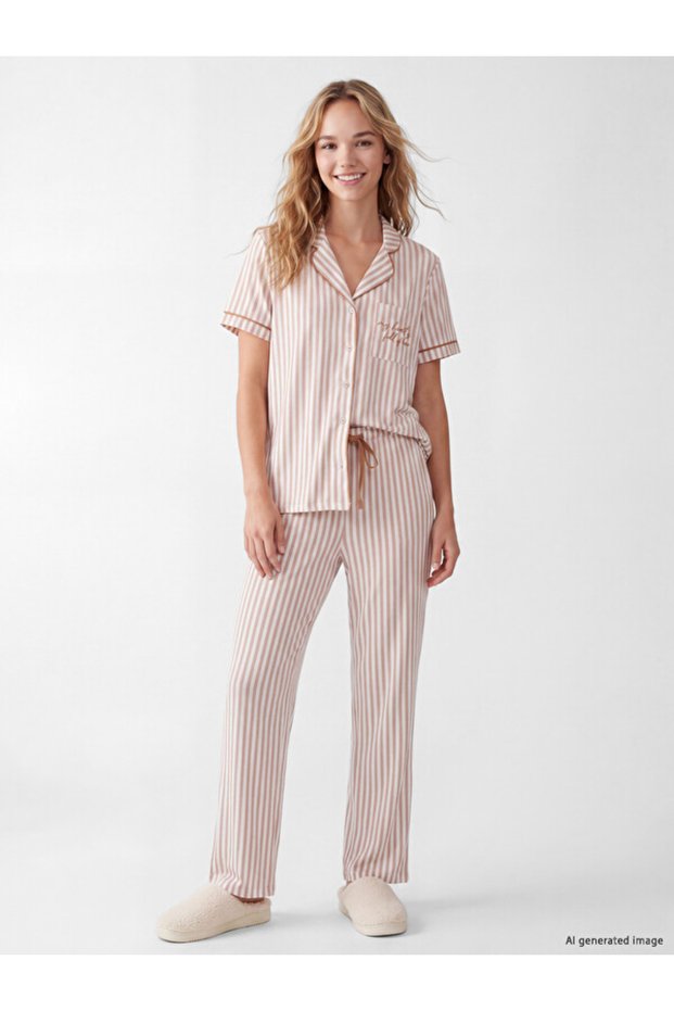 Rmz Gi̇yi̇m Farkiyla Shirt Roba Collar Striped Women's Pajama Set