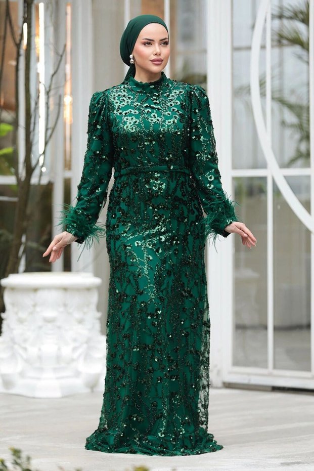 Bead Embroidered Emerald Green Hijab Evening Dress 23421ZY