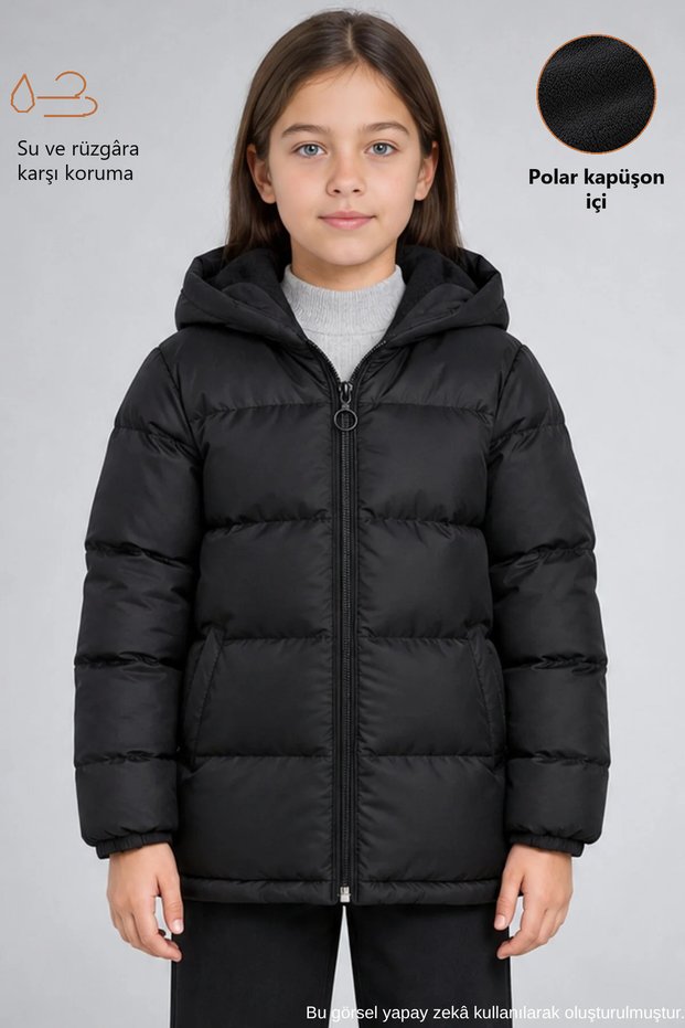 Girl's Black Fleece Fur Hooded Waterproof Wind Resistant Pocket Puffer Winter Coat