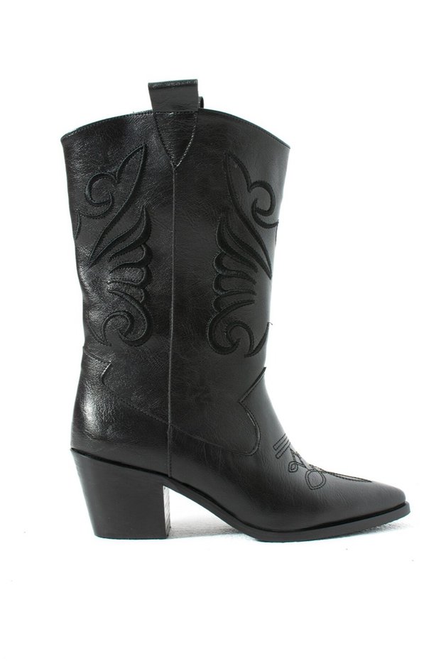 Cassidy Black Leather Embroidered Women's Chunky-Heeled Cowboy Boots