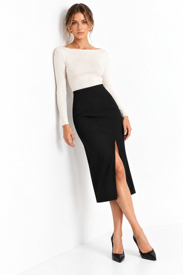 Black Slit Detailed Midi Woven Skirt