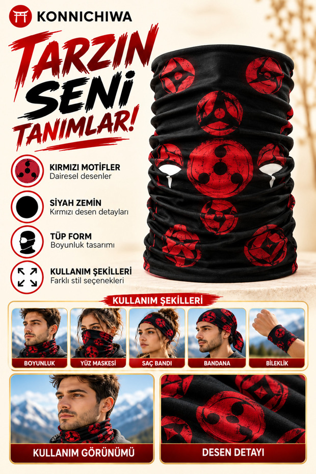 Naruto İtachi̇ Printed Bandana Anime Face Mask and Neck Gaiter and Daily and Motorcycle Use Uv Protection Multi-Purpose Neck Gaiter