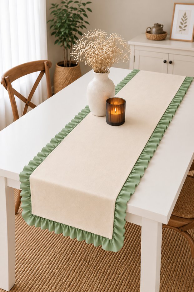 40X110 cm Ruffled Table Runner – Cream Green Decorative Tablecloth and Table Cover