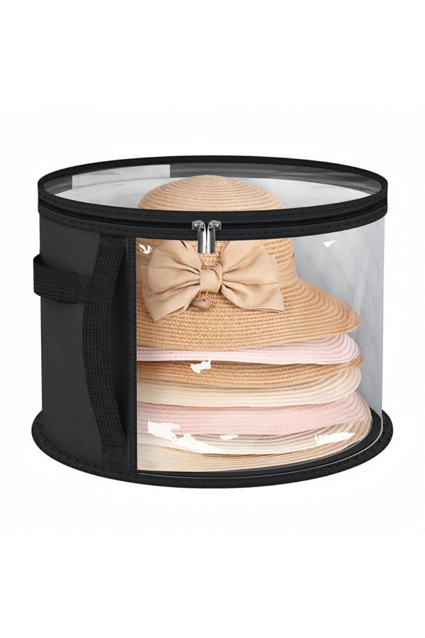 black Dustproof Hat Organizer Bucket, Multi-Purpose Storage Case for Hats, Toys, Clothes with Zipper