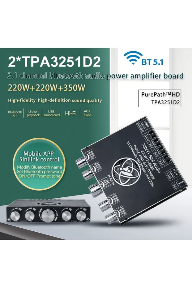 2*220W+350W Bluetooth TPA3251 Power Amplifier Board USB Sound Card Subwoofer Theater Audio Stereo Eq