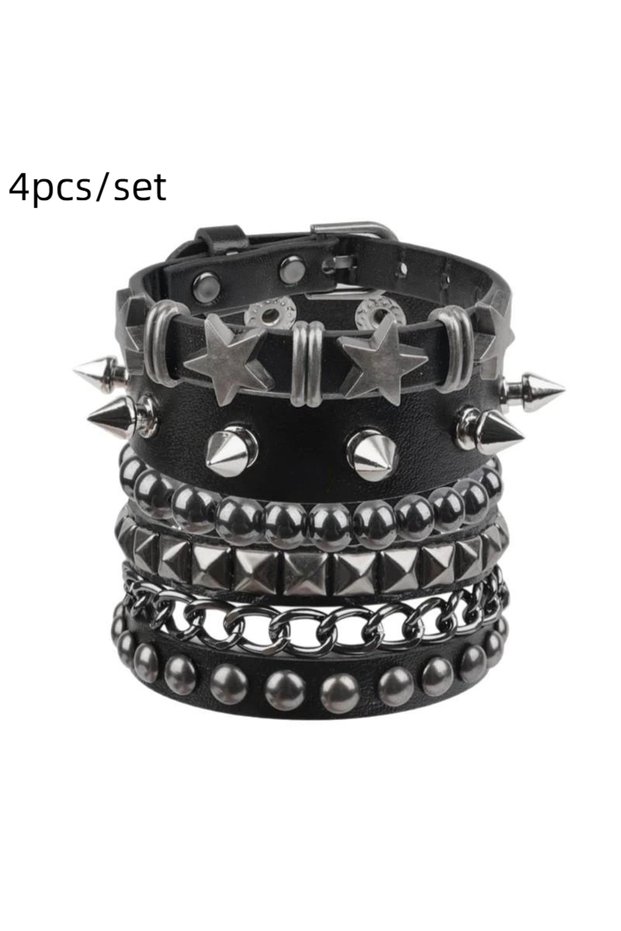 A4 Hot Sale 1 Set Punk Bracelets For Men Women Punk Gothic Spike Rivets PU Leather Bracelet Bangles