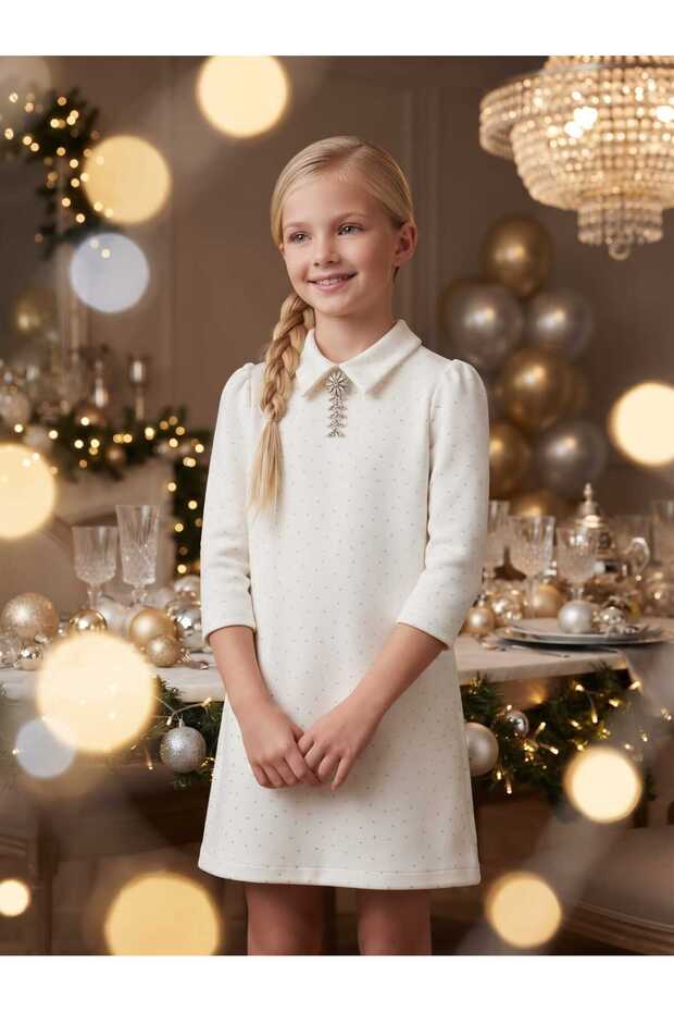 Girl's Stone Brooch Detailed Fakir Sleeve Dress