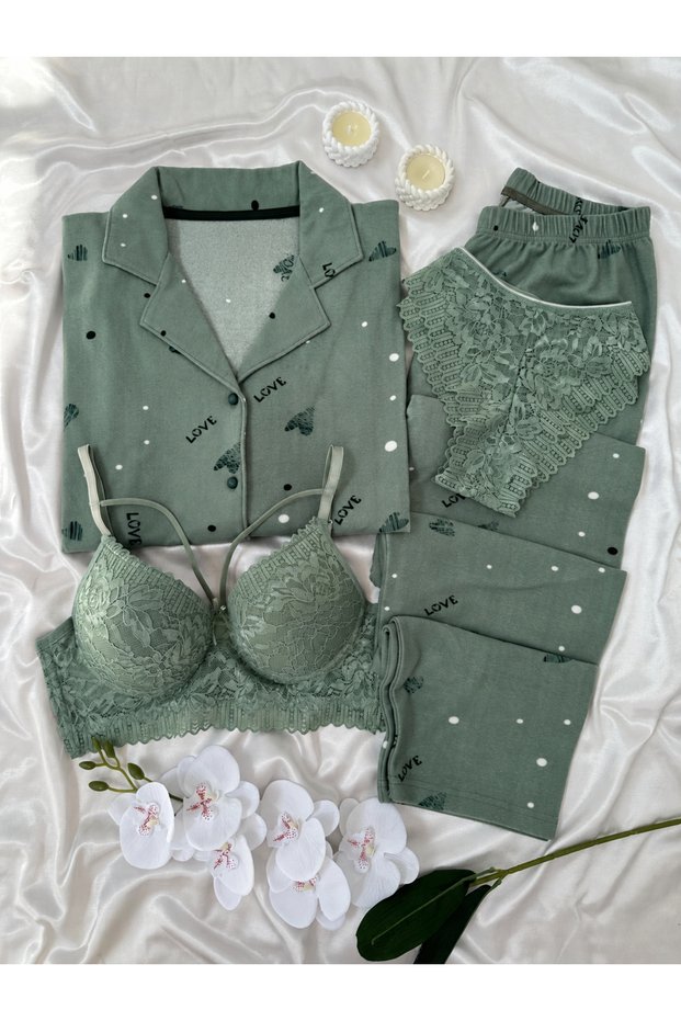 Women's Patterned Buttoned Premium Thermosoft Pajama Set with Underwear