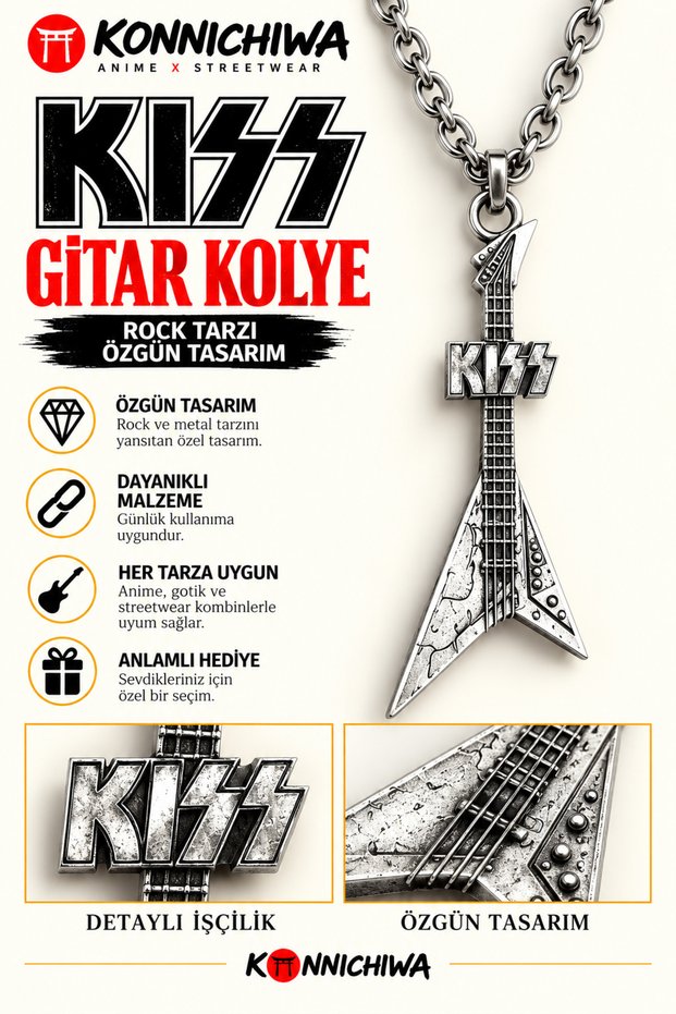 Kiss Guitar Necklace – Rock Metal Music Themed Figured Chain Necklace