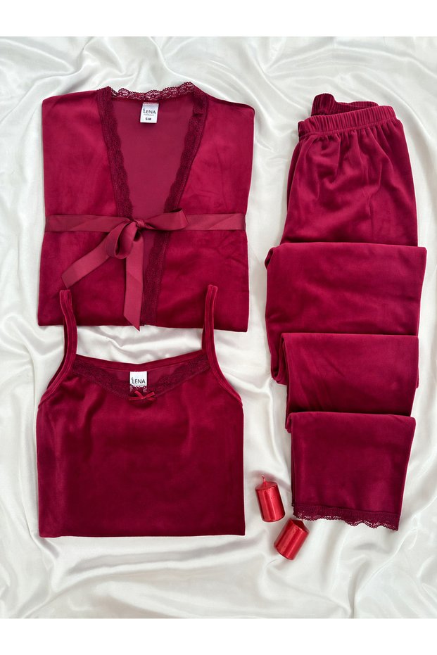 Burgundy Velvet Women's Pajamas Set with Dressing Gown