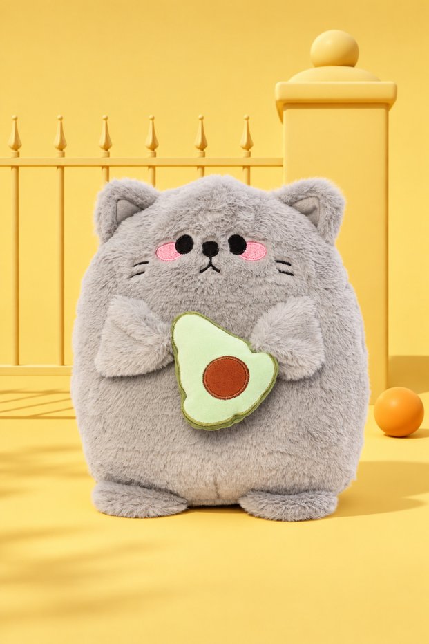 30 cm Soft Pillow, Avocado Cat Plush Toy, Playmate, Gray.