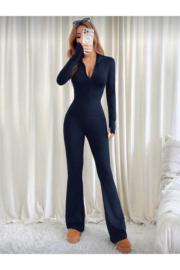 Navy Premium - Trending Colors: Zipper-Front Top and High-Leg Flared Leggings Set